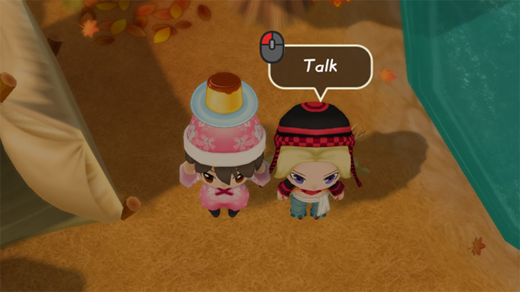 The farmer stands next to Jennifer while holding Pudding. / Story of Seasons: Friends of Mineral Town