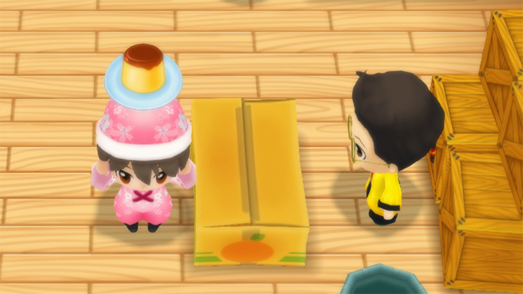 The farmer stands in front of Huang’s counter while holding a serving of Pudding. / Story of Seasons: Friends of Mineral Town