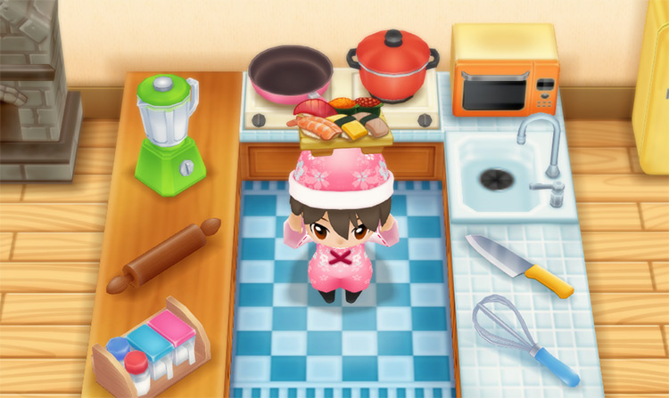 The farmer cooks Sushi in the kitchen using Sashimi. / Story of Seasons: Friends of Mineral Town