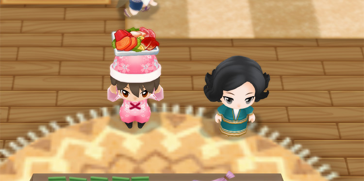 The farmer stands next to Anna while holding a plate of Sashimi. / Story of Seasons: Friends of Mineral Town