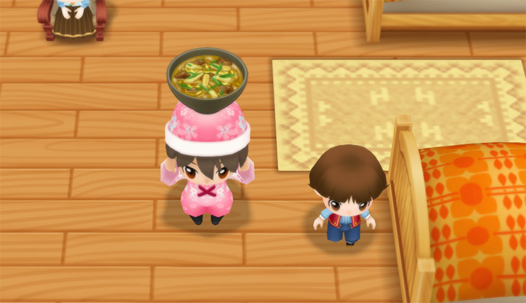 The farmer stands next to Yu while holding a bowl of Curry Udon. / Story of Seasons: Friends of Mineral Town