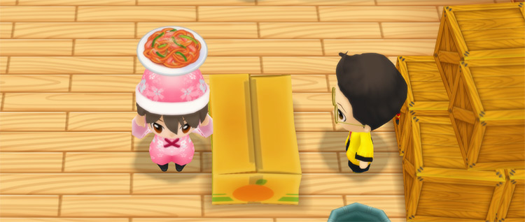 The farmer stands in front of Huang’s counter while holding a plate of Napolitan. / Story of Seasons: Friends of Mineral Town