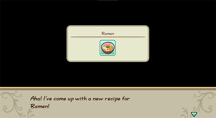 The farmer gets inspired to cook Ramen while in the kitchen. / Story of Seasons: Friends of Mineral Town