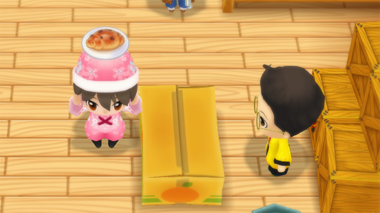 The farmer stands in front of Huang’s counter while holding a plate of Raisin Bread. / Story of Seasons: Friends of Mineral Town