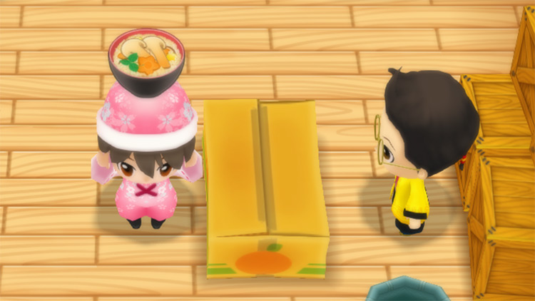 The farmer stands in front of Huang’s counter while holding a bowl of Matsutake Rice. / Story of Seasons: Friends of Mineral Town