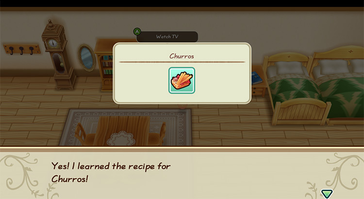 The farmer learns the recipe for Churros from the Tasty Time TV Show. / Story of Seasons: Friends of Mineral Town