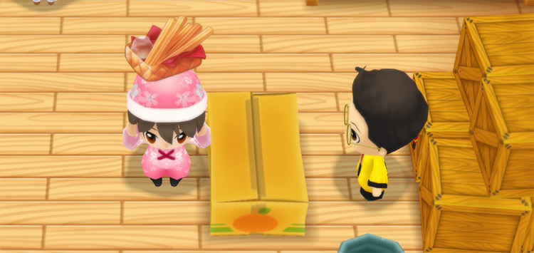 The farmer stands in front of Huang’s counter while holding a tray of Churros. / Story of Seasons: Friends of Mineral Town