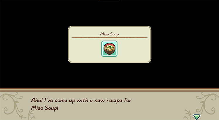 The farmer gets inspired to cook Miso Soup while in the kitchen. / Story of Seasons: Friends of Mineral Town