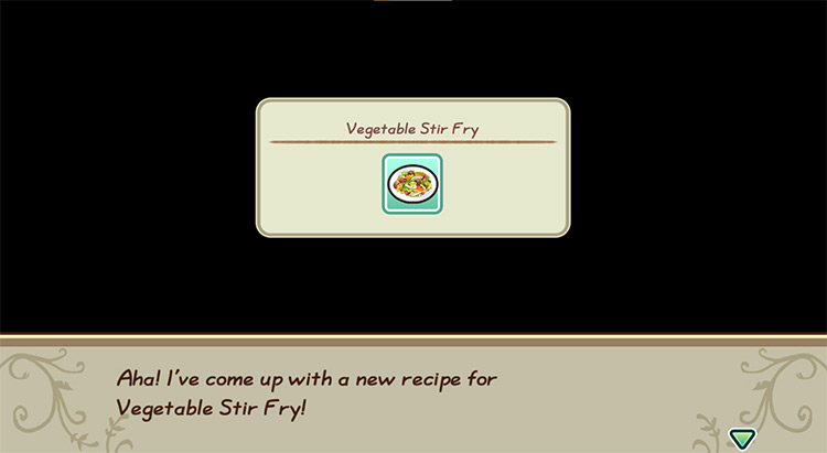 The farmer gets inspired to cook Vegetable Stir Fry while in the kitchen. / Story of Seasons: Friends of Mineral Town