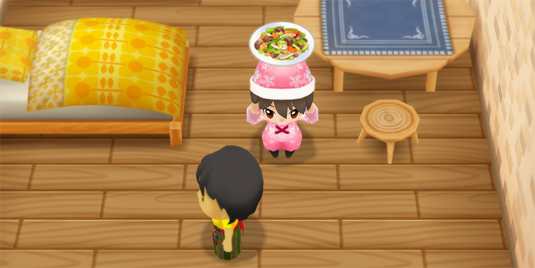 The farmer stands next to Lou while holding a plate of Vegetable Stir Fry. / Story of Seasons: Friends of Mineral Town