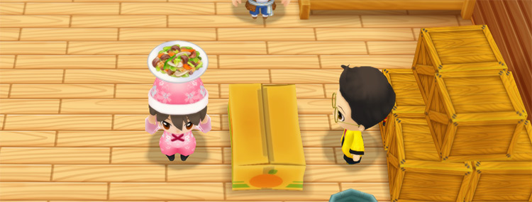 The farmer stands in front of Huang’s counter while holding a plate of Vegetable Stir Fry. / Story of Seasons: Friends of Mineral Town
