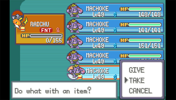 Taking the Focus Band from the wild Machoke I just caught / Pokémon FireRed & LeafGreen