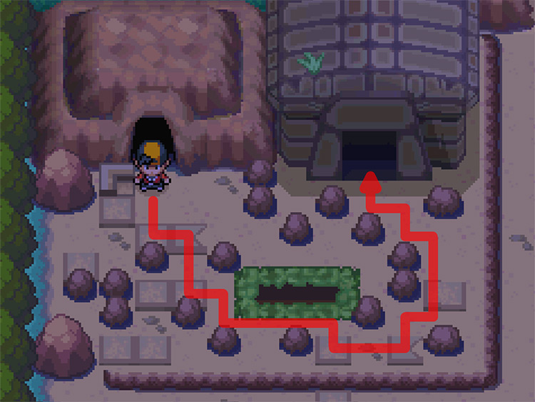 The player standing outside the exit to Union Cave in the Ruins of Alph / Pokémon HGSS