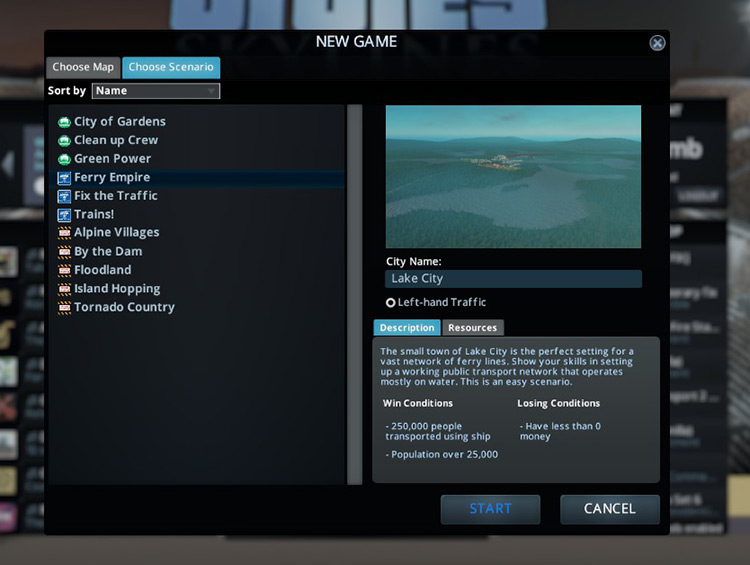 You can find Ferry Empire and other scenarios in the scenario tab of the New Game screen. / Cities: Skylines