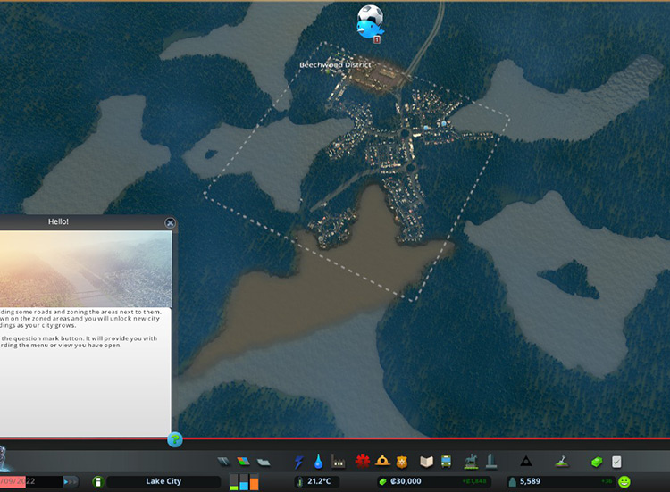 Your starting tile in the Ferry Empire scenario. / Cities: Skylines