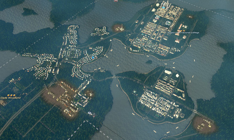 By the time this game was won, four additional tiles had been used to spread the zoning across a wider area. / Cities: Skylines