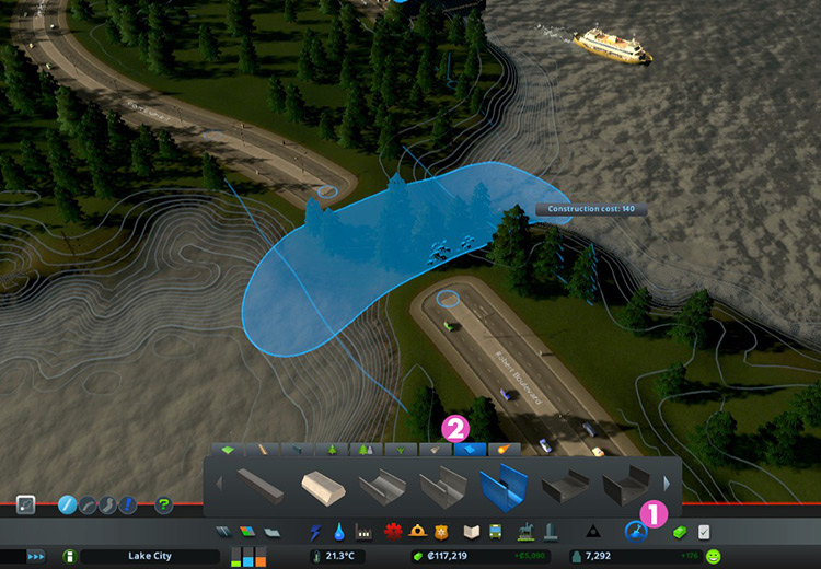 To build canals, go to the Landscaping menu (1) and click on the Water Structures tab (2). / Cities: Skylines