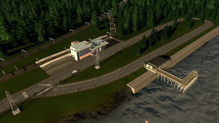A train station with a ferry stop near it. / Cities: Skylines