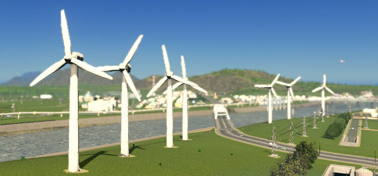 Row of Wind Turbines in Green Power! Scenario (Cities: Skylines)
