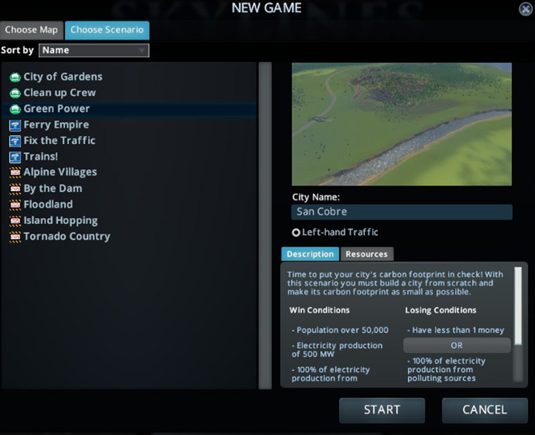 You can find the Green Power! scenario on the Scenarios tab of the New Game screen. / Cities: Skylines