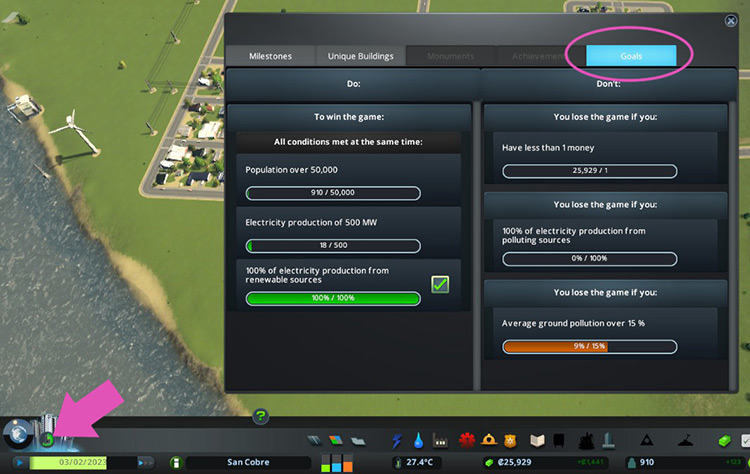 You can check your progress by clicking on the Goals tab of the Milestones panel. / Cities: Skylines