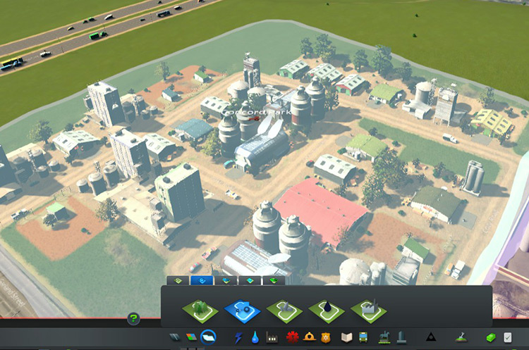 These industrial buildings with the farming specialization will not cause ground pollution. / Cities: Skylines