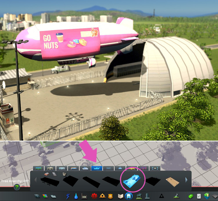 Build the blimp depot from the Air Transport tab of the Transport build menu. / Cities: Skylines