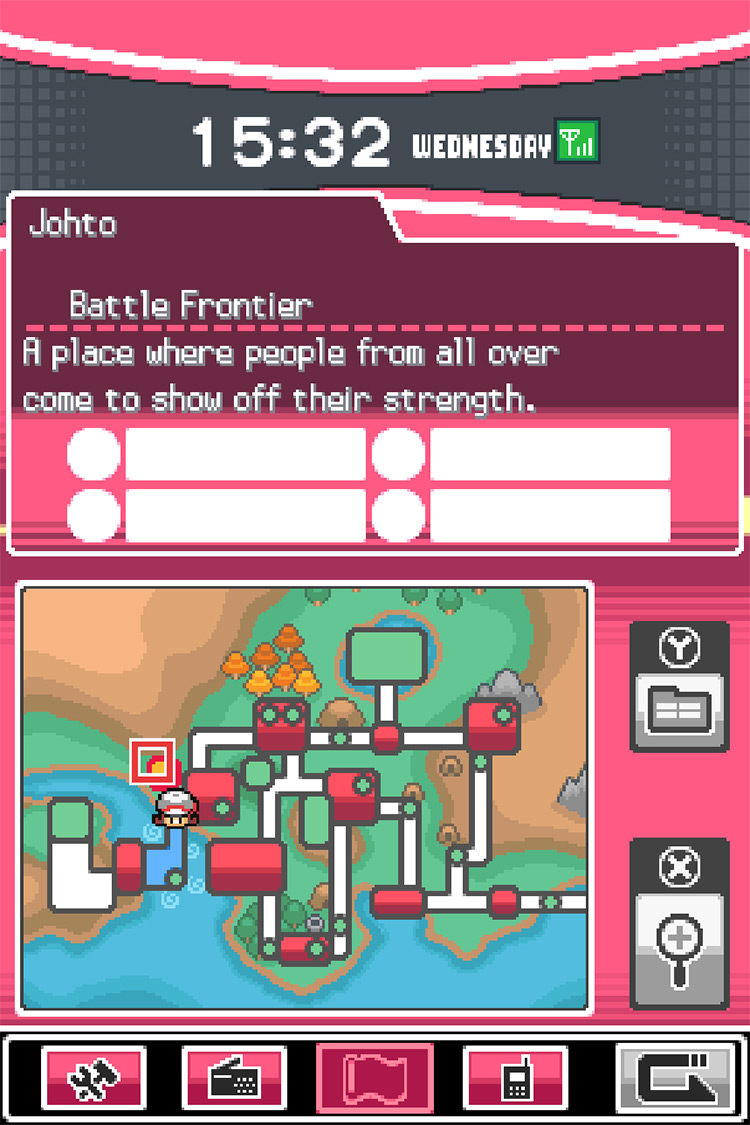 The Battle Frontier’s location on the PokéGear Map highlighted on the touchscreen / Pokémon HeartGold and SoulSilver