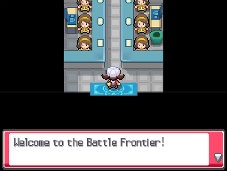 The player receiving a welcome from the attendants at the Battle Frontier entrance after entering for the first time / Pokémon HeartGold and SoulSilver