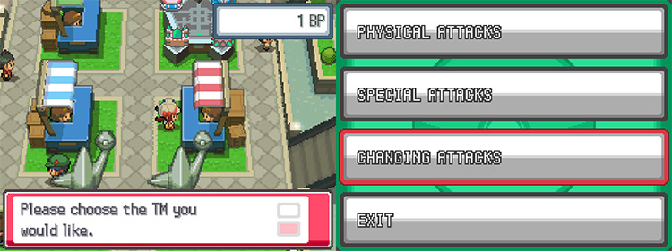 The TM category selection menu at the Battle Frontier’s TM exchange stall, with the Changing Attacks set highlighted in red / Pokémon HeartGold and SoulSilver