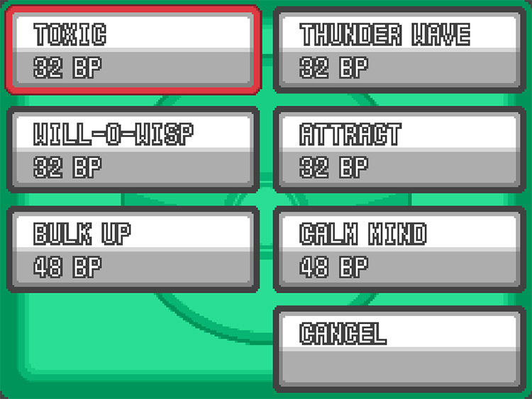 The set of Changing Attacks TMs in the Battle Frontier’s TM exchange stall, with a red highlight around TM 06 Toxic / Pokémon HeartGold and SoulSilver