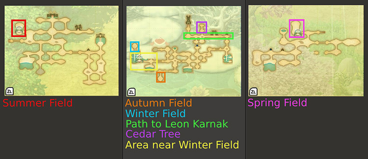 Maps showing the easiest areas to farm Lumber and Material Stone / Rune Factory 4