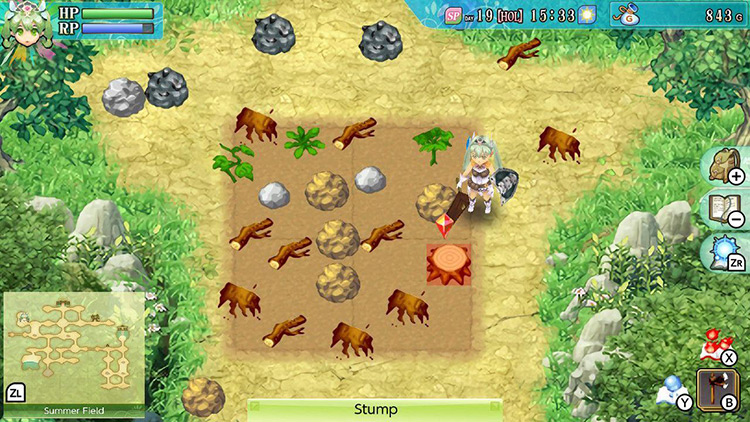 Frey looking at a Stump in the Summer Field / Rune Factory 4