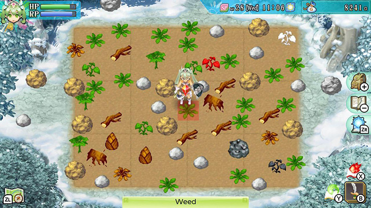 Frey standing in the middle of the Winter Field, looking at a weed / Rune Factory 4