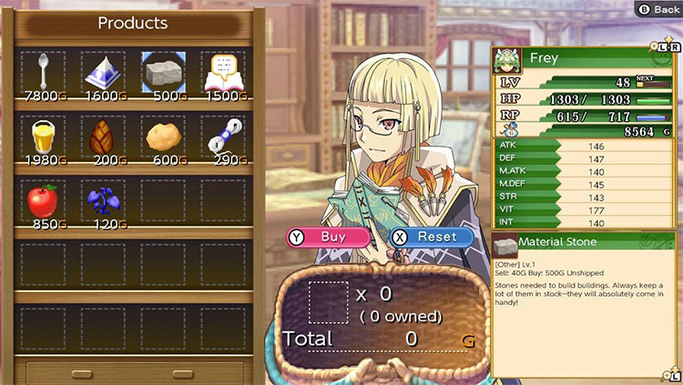 Arthur’s Trade Shop wares with the cursor over the Material Stone / Rune Factory 4