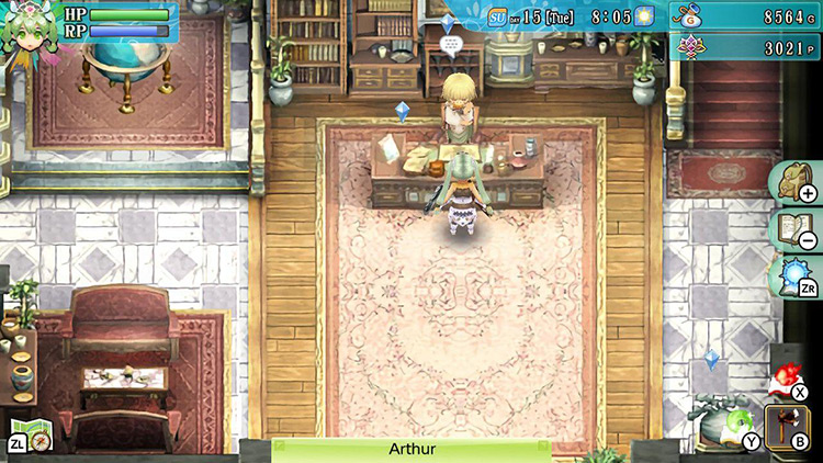 Frey standing across from Arthur at his desk in the Sainte-Coquille Manor / Rune Factory 4