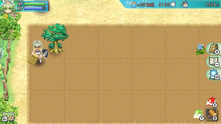 Frey standing beside a fully-grown Twinkle Tree at Selphia Farm / Rune Factory 4