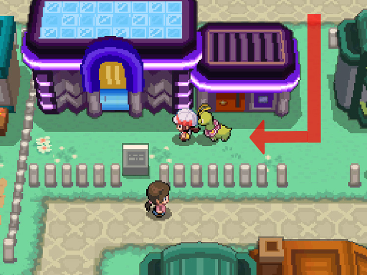 The player arriving in front of the Celadon Game Corner, taking the direction / Pokémon HeartGold and SoulSilver