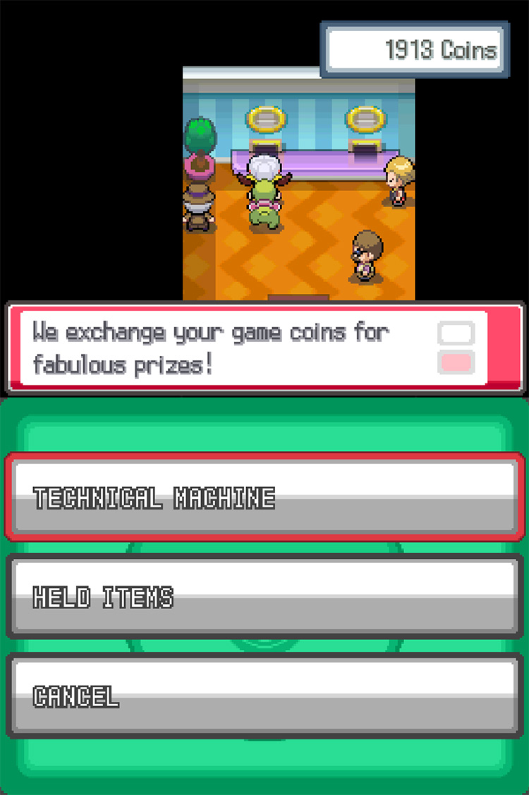 The player interacting with the Celadon Game Corner’s left prize counter, with the two available sets of prizes displayed on the touchscreen and their number of Coins on the top screen / Pokémon HeartGold and SoulSilver