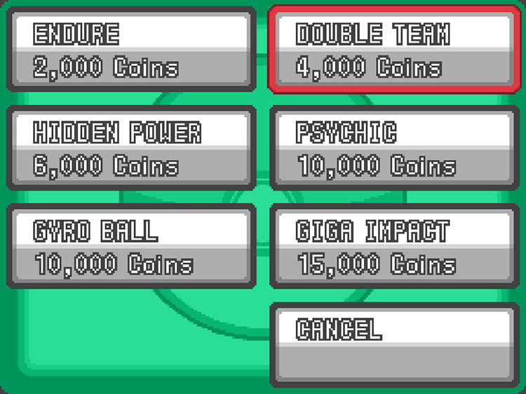 TM32 Double Team highlighted in the Celadon Game Corner’s exchange menu under the Technical Machine section / Pokémon HeartGold and SoulSilver