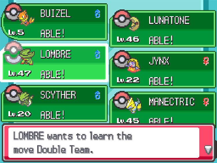 A party full of Pokémon that can learn Double Team / Pokémon HeartGold and SoulSilver