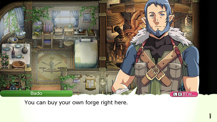 Bado’s dialogue that unlocks the ability to purchase a forge/crafting table from him in Blacksmith “Meanderer” / Rune Factory 4