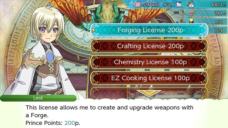 License Menu at the Order Symbol in the Dragon Room the cursor highlights Forging License / Rune Factory 4