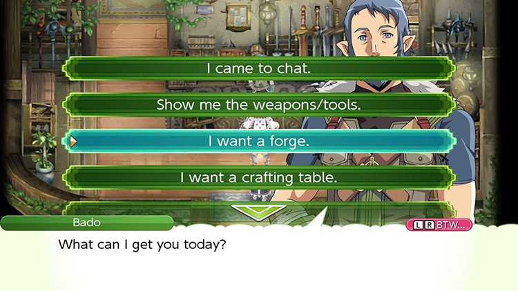 Bado’s shop menu at Blacksmith “Meanderer” with the cursor on the option “I want a forge.” / Rune Factory 4
