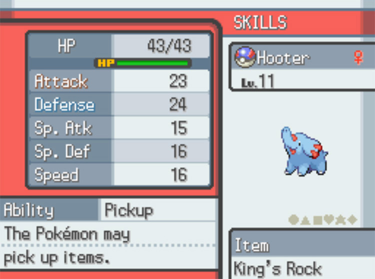 A level 11 Phanpy with the ability Pickup who has found a King's Rock / Pokémon HeartGold and SoulSilver