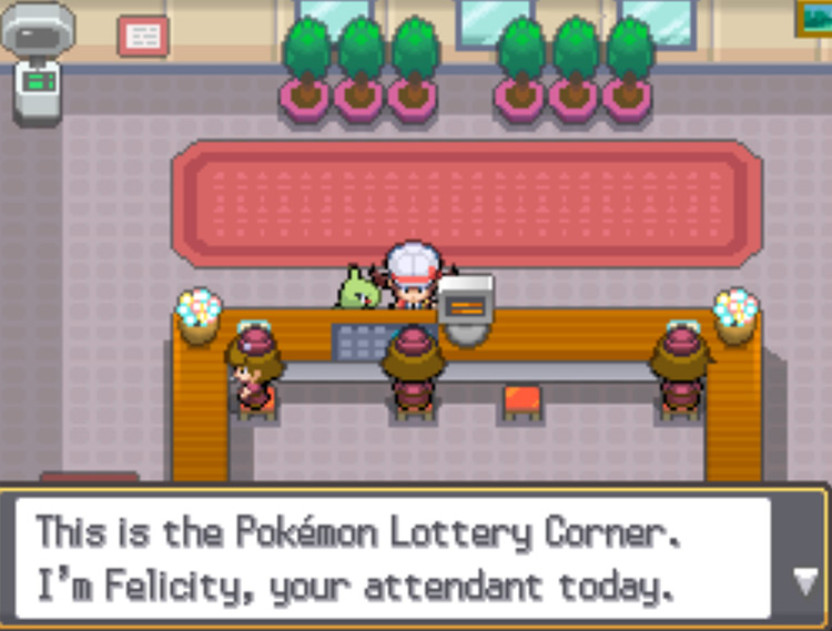 Felicity, the Pokémon Lottery Corner attendant inside Goldenrod Radio Tower / Pokémon HGSS
