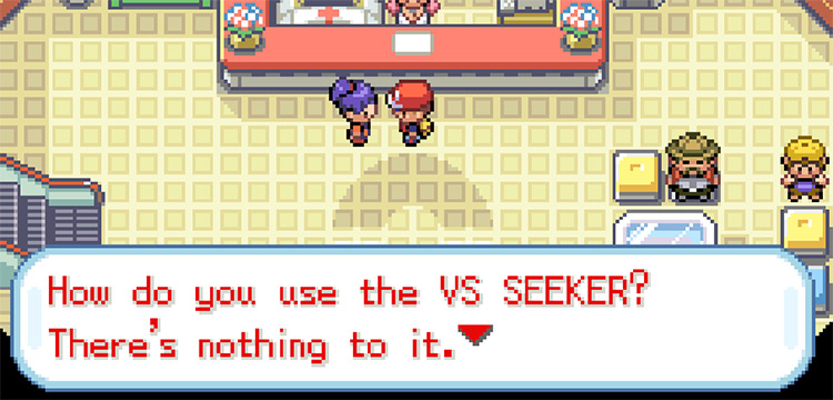 Getting the VS Seeker from the purple-haired NPC in the Vermilion City Pokémon Center / Pokemon FRLG