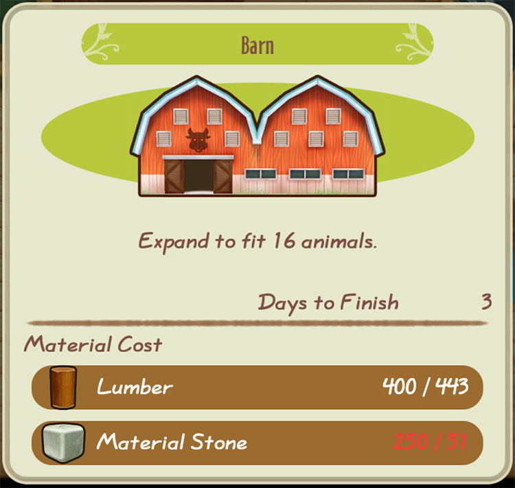 The interface of the Barn Upgrade menu / SoS: FoMT