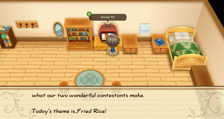 The farmer watches the second episode of the Tasty Time TV Show. / Story of Seasons: Friends of Mineral Town