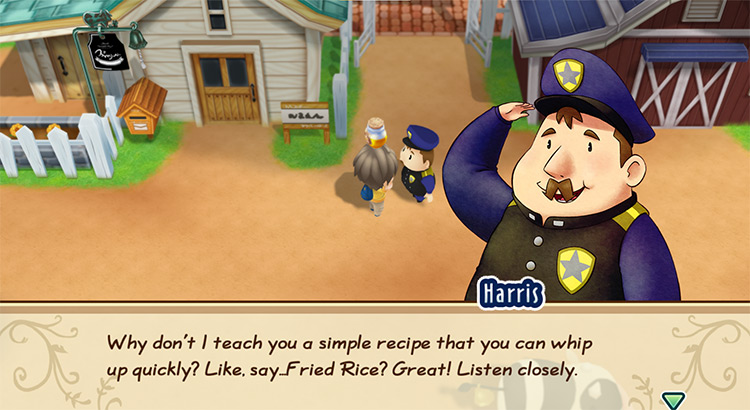 Harris offers to teach the farmer the recipe for Fried Rice. / Story of Seasons: Friends of Mineral Town